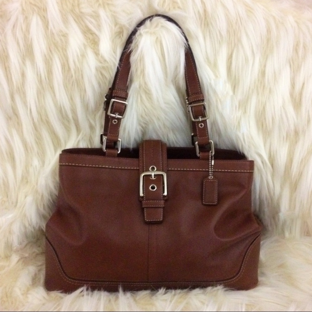 Coach Large Chestnut Dark Brown Leather Shoulder Bag Purse Silver Hardware